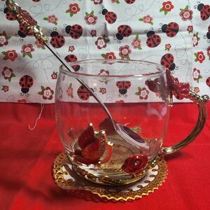 3pc RED Love Glass Butterfly Rose Tea set NIB